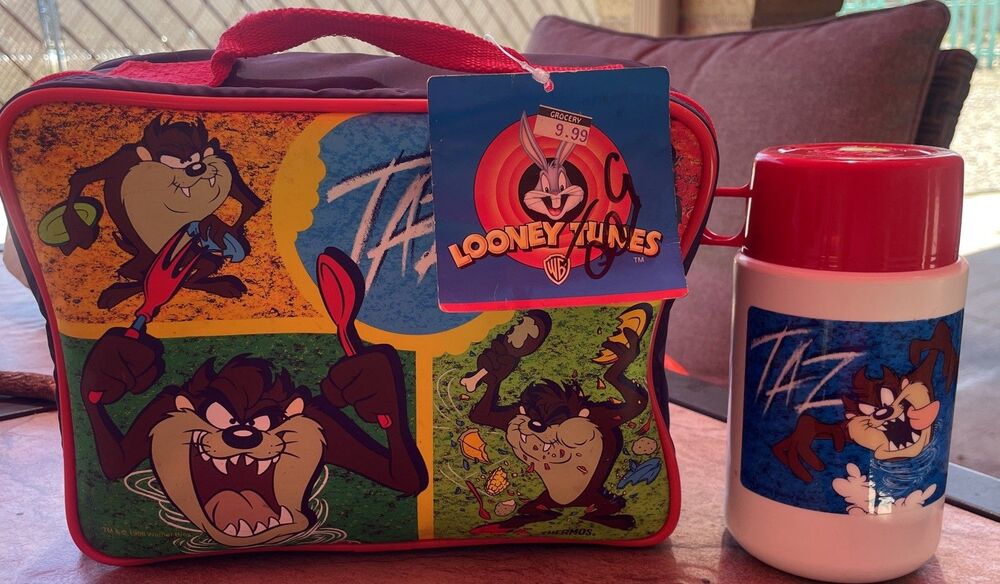 Vintage 1999 Looney Tunes Taz Insulated Lunch Bag Soft Lunchbox with Thermos